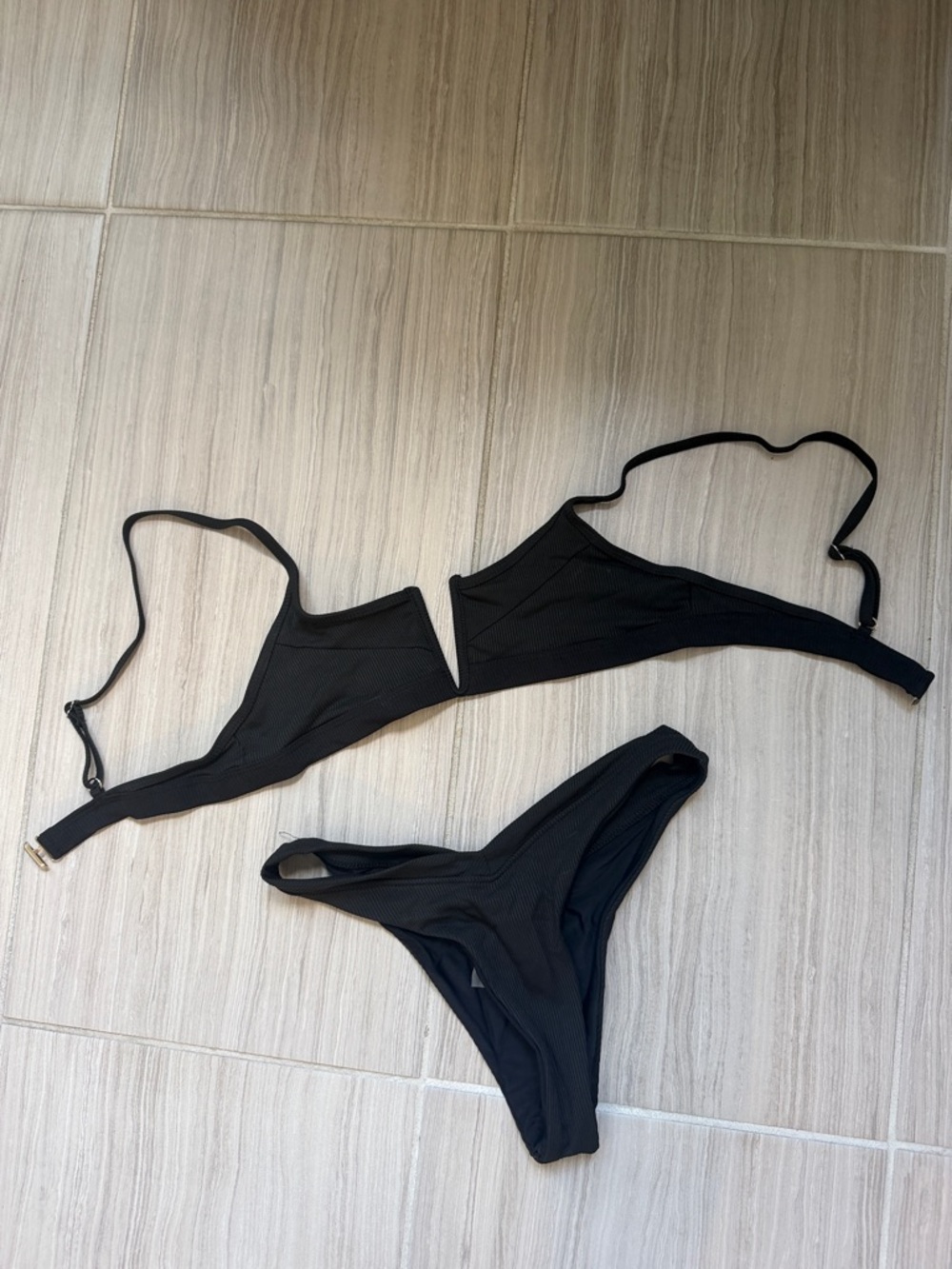 SHEIN Black Ribbed Triangle Bikini Set